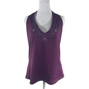 VTG Y2K Fashion Bug Beaded Backless Halter Top Sz XL Purple Stretch Bra Cowboy